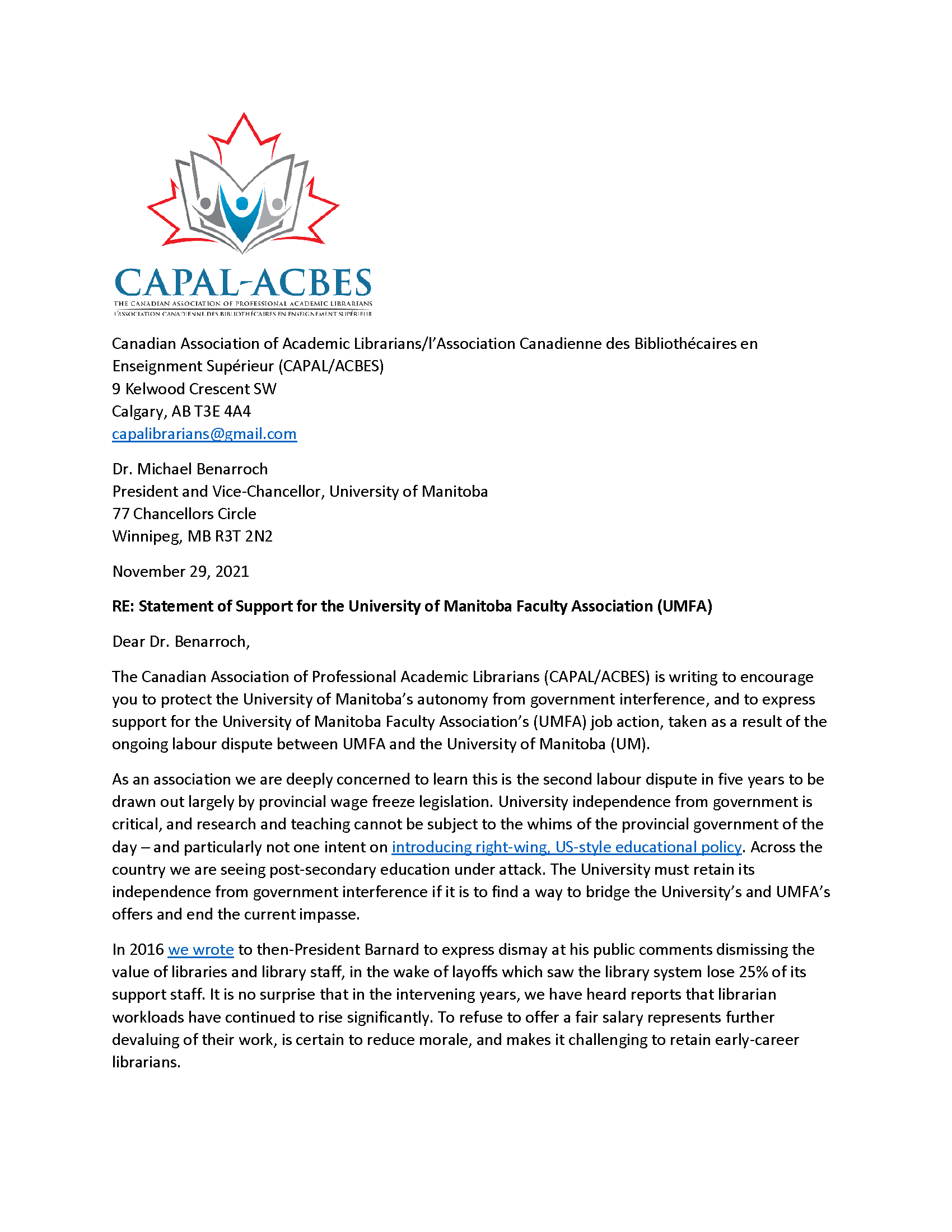 CAPAL Support for UMFA Job Action Page 1