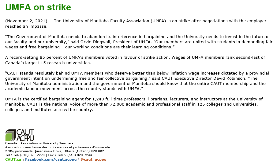 CAUT UMFA on strike