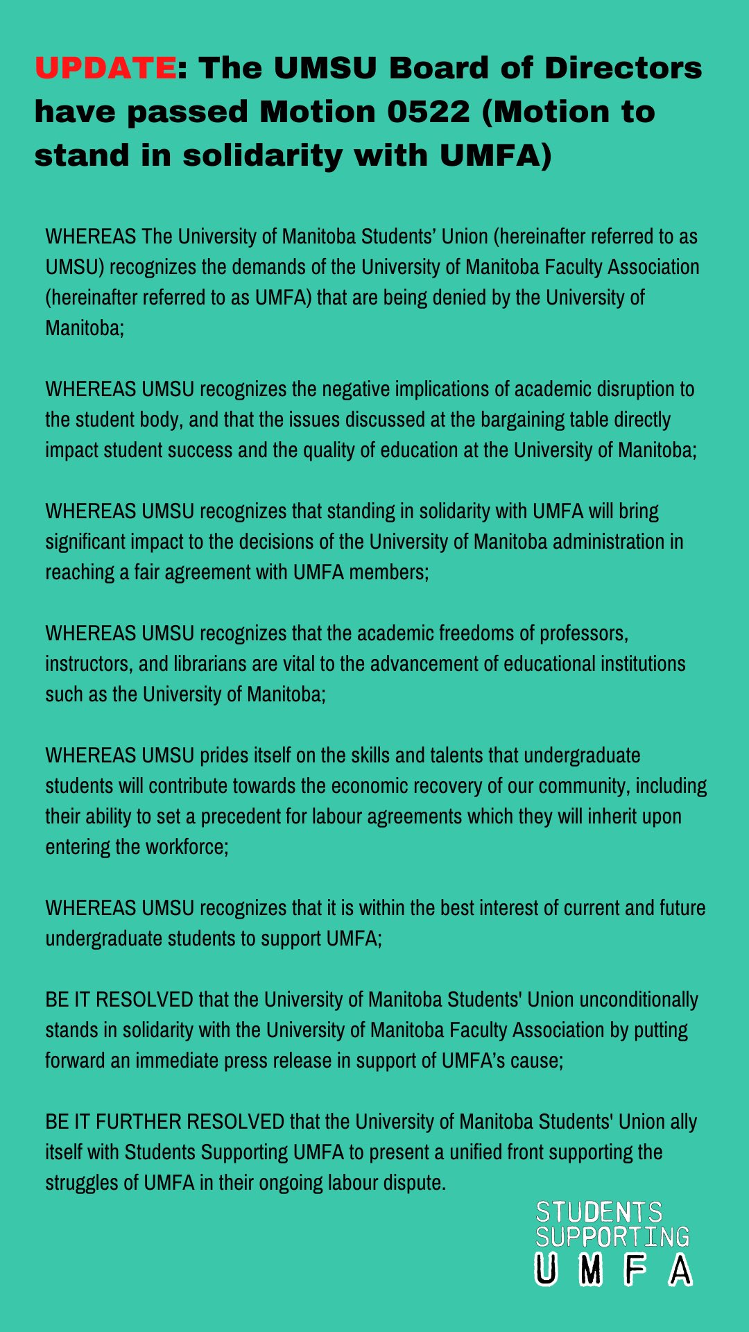 Students Supporting UMFA UMSU motion to stand in solidarity with UMFA Oct21